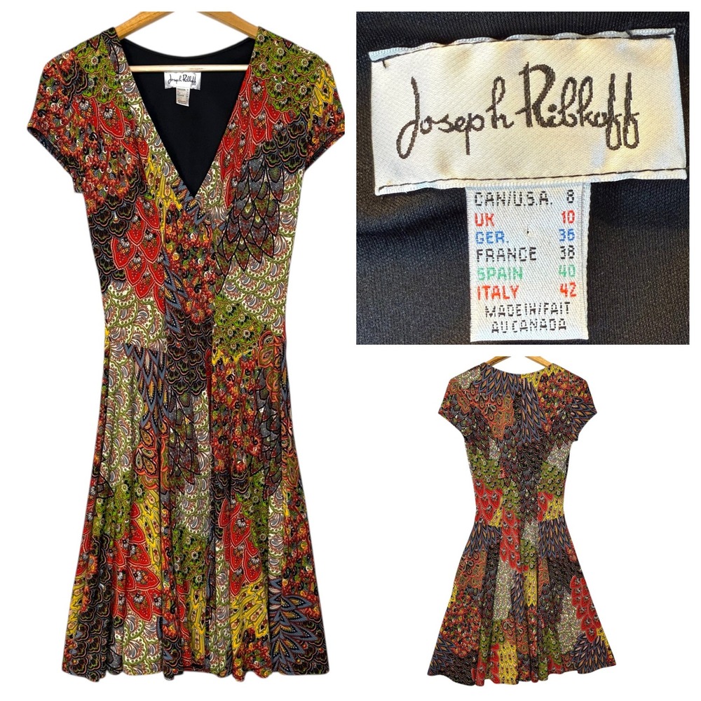 Joseph Ribkoff Dress Women 8 Paisley Peacock Print V Neck MIDI Multicolor - Picture 2 of 14